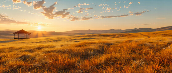 Expansive Summer Landscape, Sunset Over Rolling Hills and Fields, Warm Evening Light Bathing the Countryside