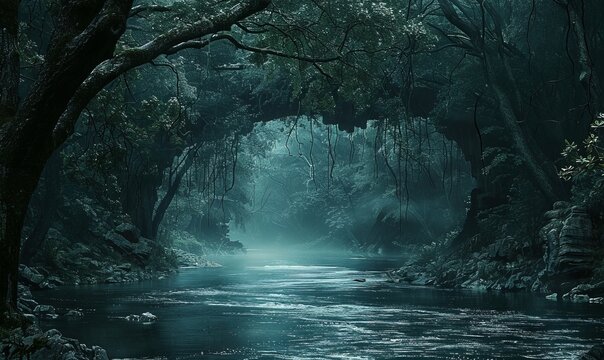 A dark rugged forest overhangs a river along