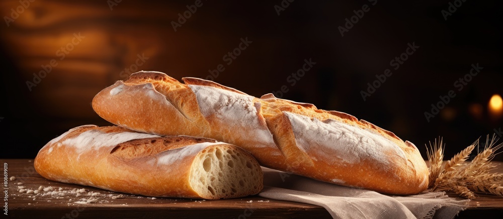 Poster On a wooden board there s a copy space image of two slices of freshly baked baguette