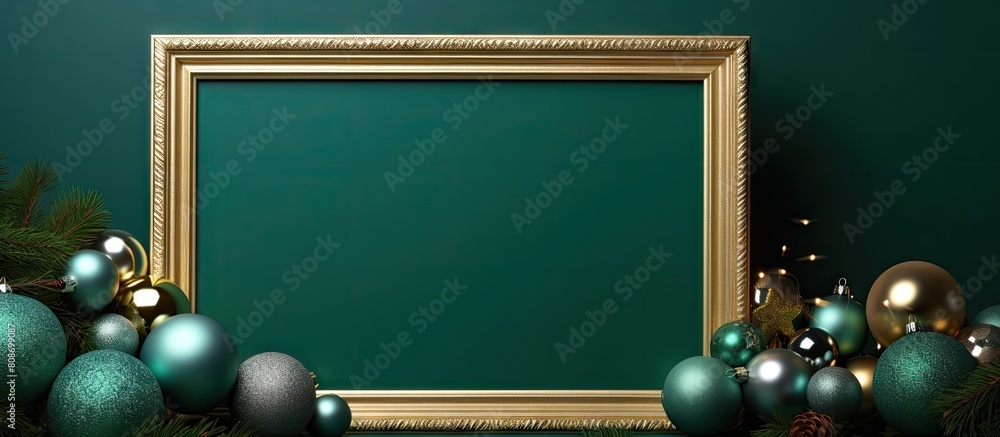 Poster green background with christmas decorations and an empty picture frame in the composition. copy spac