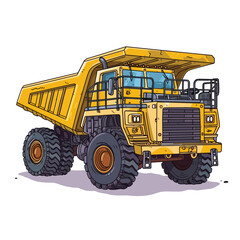 Yellow dump truck illustration detailed construction vehicle cartoon style. Large hauling truck heavy machinery mining equipment side view. Powerful dumper engineering transport giant tires