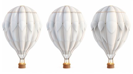 Float baloon set for travel and recreation, vintage outdoor airship with basket. Isolated modern illustration of a white hot air balloon with a basket.