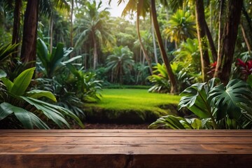 Fototapeta premium Wooden table with tropical forest background for product placement. Generative AI