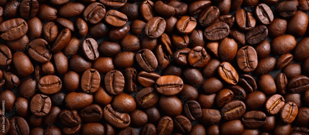 Poster top view of a background with a textured image of roasted coffee beans creating a copy space image