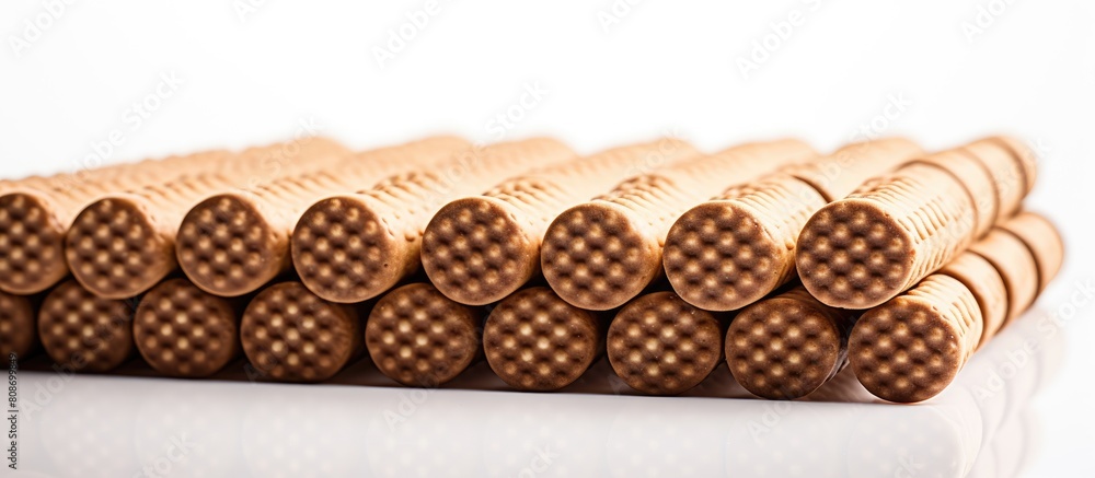 Aufkleber a neatly arranged biscuit wafer stick or roll with chocolate on a white background providing copy sp