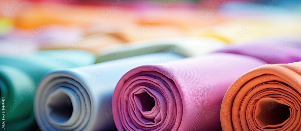 Aufkleber colorful rolled fabric samples on display at a fabrics market with a close up view and copy space im