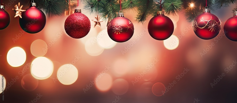 Aufkleber copy space image of red christmas balls hanging on pine branches along with tree garland and ornamen