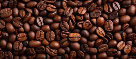 Fototapeta premium Top view of a background with a textured image of roasted coffee beans creating a copy space image