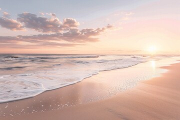 Fototapeta premium Golden sunset over vibrant sandy beach with waves