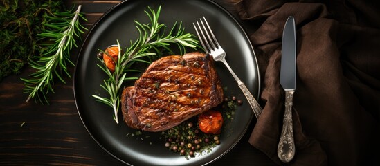 The white ceramic plate holds a delicious piece of roast lamb steak veal pork or beef It s accompanied by spices and placed alongside a fork and knife This top view image offers ample copy space