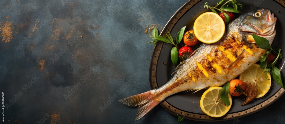Poster a plate adorned with grilled dorado fish accompanied by golden fried potatoes and garnished with spi