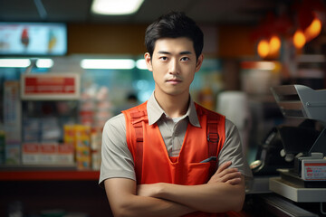 Fototapeta premium Friendly experienced supermarket store department worker professional at workplace Generative AI illustration