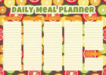Daily meal planner with citrus fruit pattern. Vector illustration. Flat design