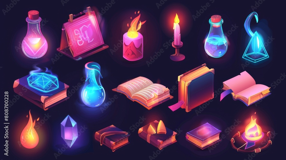 Poster set of magic spell book ui game interface icons with luminous mystery glowing isolated on a white ba