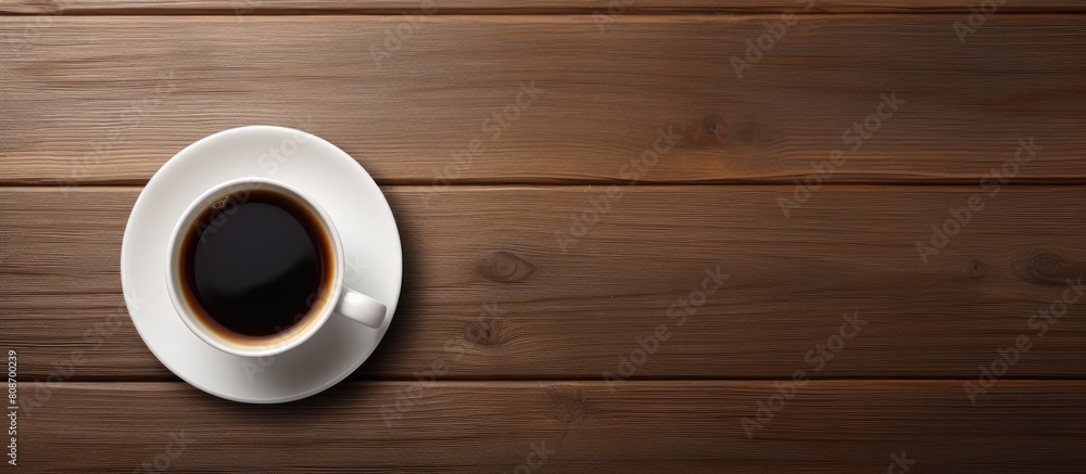 Poster top view of a wooden table with a white cup of espresso coffee and a black cup of hot coffee leaving