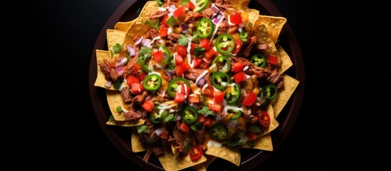 An overhead shot of nachos a delicious Mexican dish made from tortilla chips beef and fresh vegetables with a black background and space for text. Copy space image. Place for adding text and design