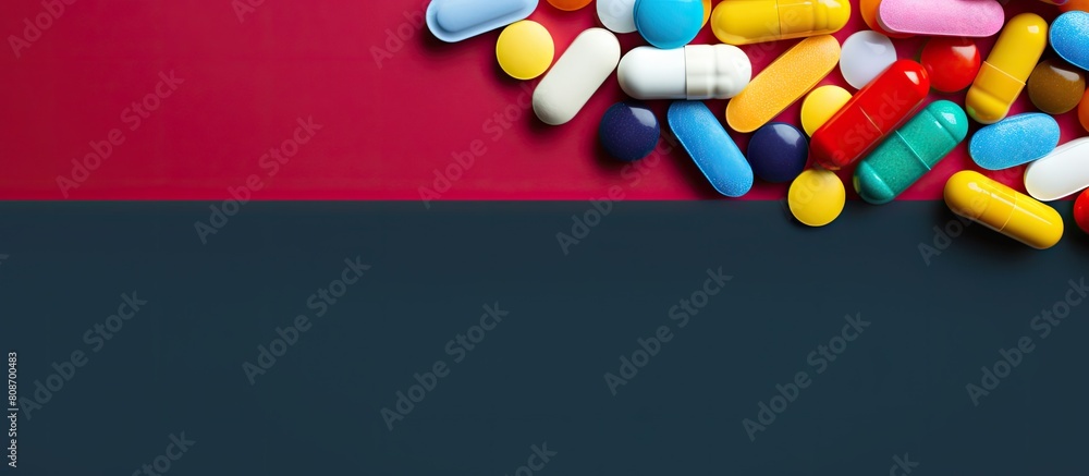 Poster various colorful pills and capsules used for treating hiv infection are scattered on a table creatin