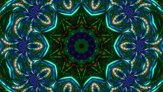 Kaleidoscopic pattern with colorful lights and beams