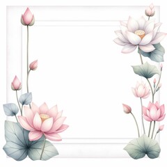 lotus flower themed frame or border for photos and text. watercolor illustration, Perfect for nursery art, simple clipart, single object, white color background. used as a greeting card or wedding.