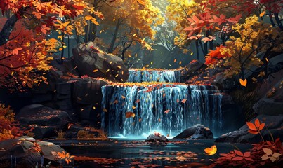 A waterfall cascades down dark rock surrounded by autumn leaves - Powered by Adobe
