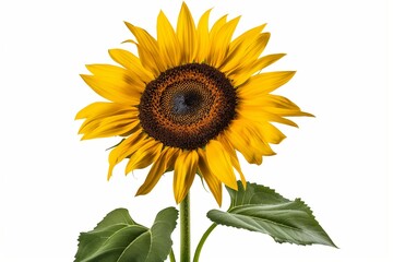 A vibrant sunflower with a detailed center and lush green leaves isolated on a white background