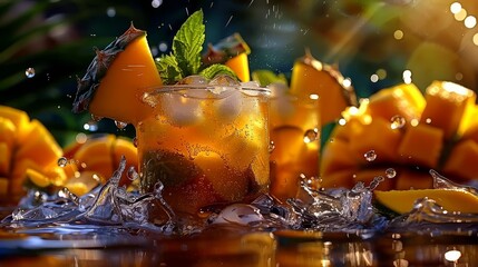 Tropical Mango Juice With Mint. Verdant Jungle Backdrop with Mango Slices. Summer Exotic Beverage