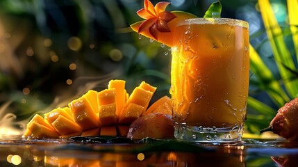 Mango Juice With A Tropical Flower. Verdant Jungle Backdrop with Mango Slices. Summer Exotic Beverage