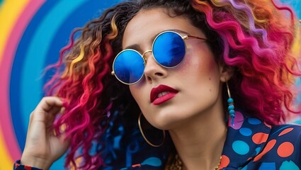 A vibrant curly hair pop art portrait of a woman, round vintage sunglasses, shades of crimson,...