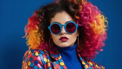 A vibrant pop art portrait of a woman blue sunglasses with a round frame. hair explodes in a...