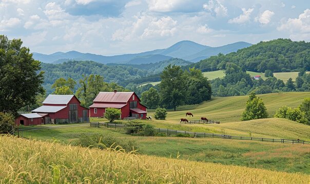 A bucolic scene of farms and fields in the summer near Boone, North Carolina