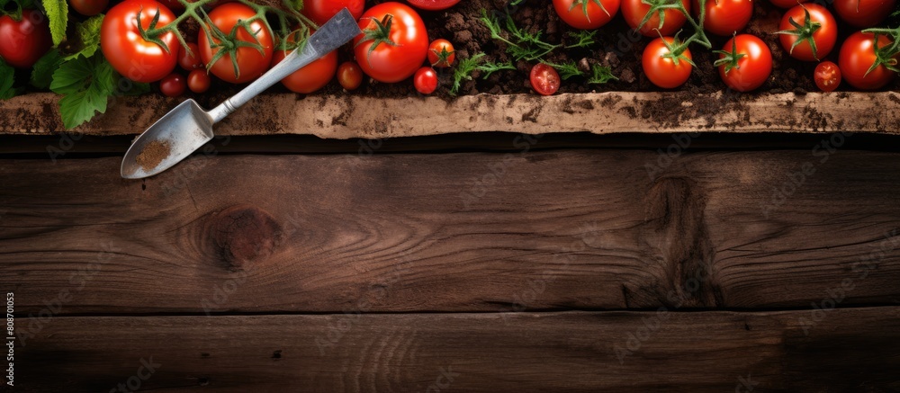 Poster a flat lay background on a wooden table featuring a box filled with a crop of tomatoes along with so