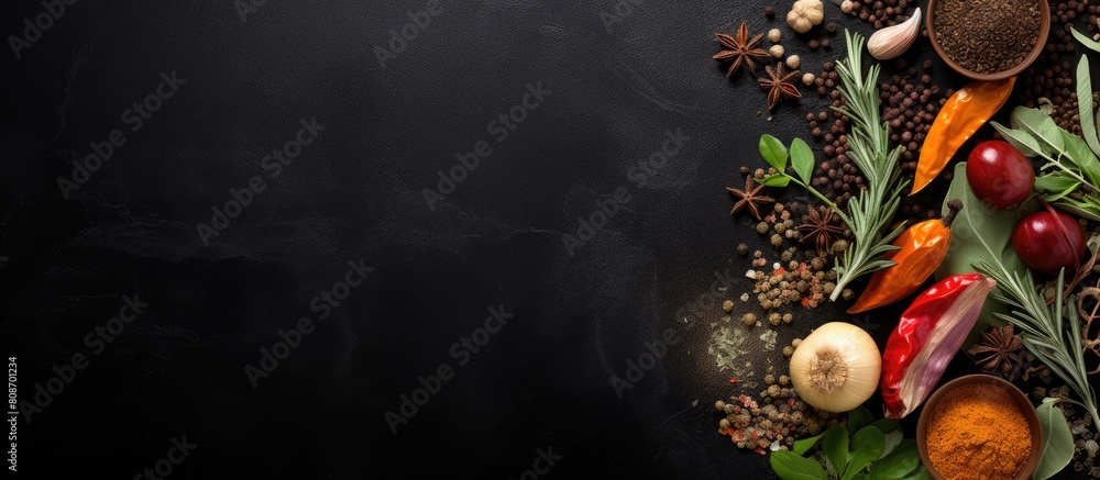 Poster a top down view of various herbs and spices on a black stone background with ample room for addition
