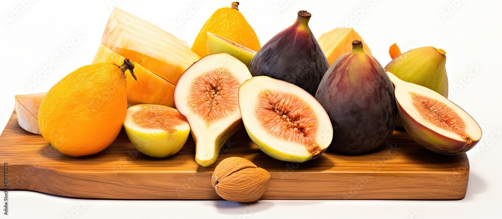 Poster a selection of sliced mango persimmon and figs arranged on a wooden platter against a white backgrou