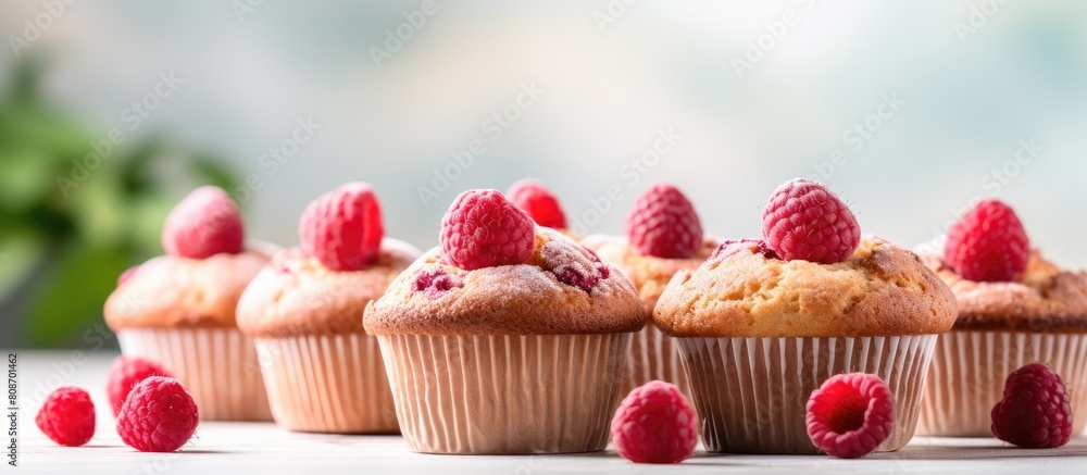 Poster copy space image featuring a grid of delectable raspberry muffins against a light background