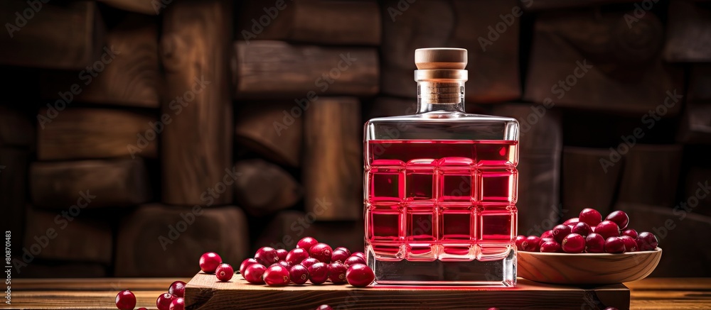 Poster a wooden stand and background with stacks of vodka and cranberries creating a copy space image for b