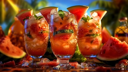 Vibrant Summer Watermelon Cocktails with Ice, Mint, And Watermelon Slices Served On A Tropical Beach