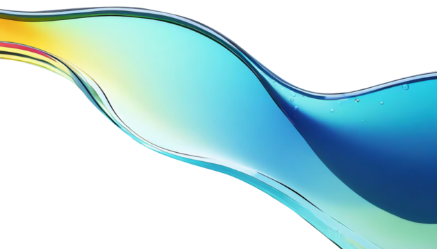 Abstract liquid glass shape with colorful reflections. Ribbon of curved water with glossy color wavy fluid motion. Chromatic dispersion flying and thin film spectral effect.