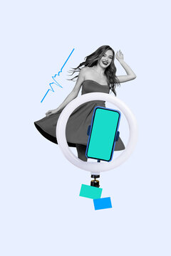 Vertical photo collage of beautiful girl demonstrate new dress iphone stream ring light blog video recording isolated on painted background