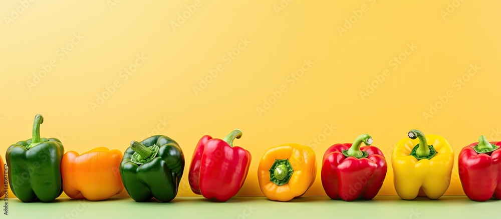 Poster a vibrant and refreshing background of various colorful bell peppers yellow green and red is set aga