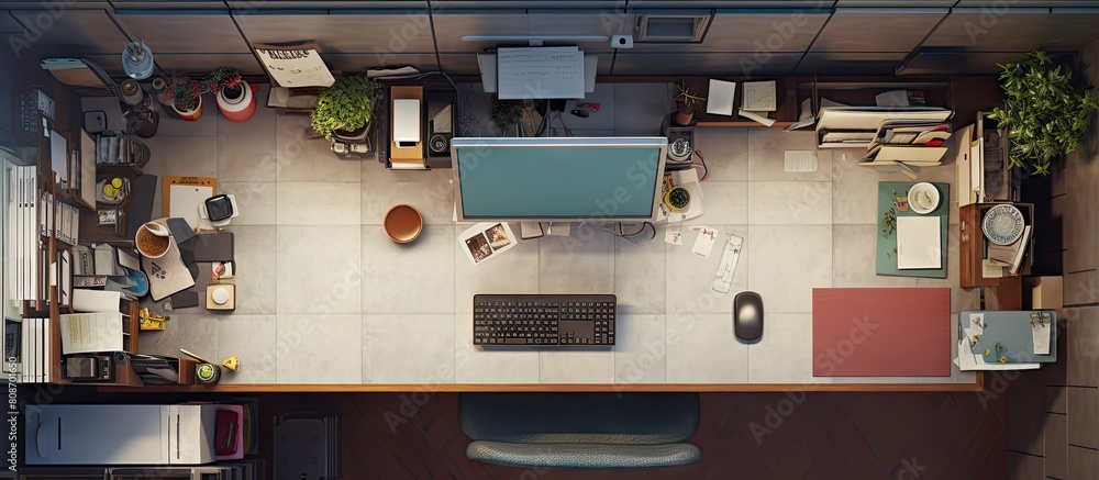 Poster the copy space image shows a bird s eye view of an office worker s workstation complete with a compu