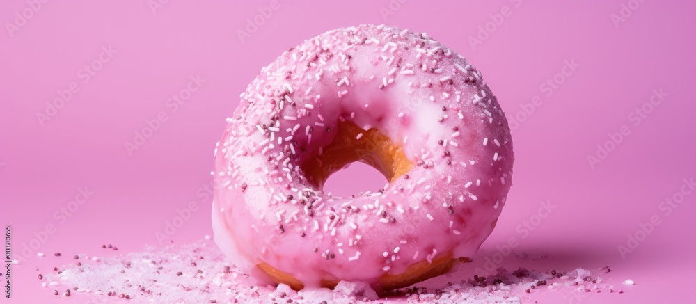 Aufkleber top view of a pink donut with a bite taken out of it placed on a pink background with flour dusted o