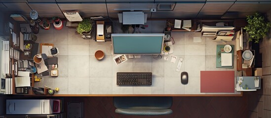 The copy space image shows a bird s eye view of an office worker s workstation complete with a computer keyboard