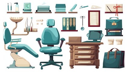 Modern illustration of armchair, hospital tools, computer on desk, framed diploma, folders on shelf. Doctors' office with cartoon equipment.
