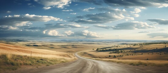 A scenic gravel road winding through the countryside of America with plenty of wide open space for a copy space image