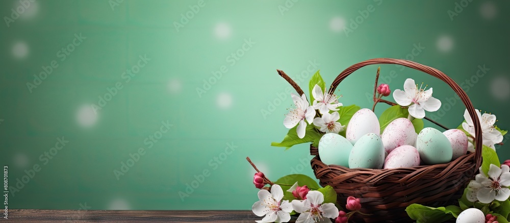 Poster copy space image of a cheerful easter greeting card backdrop featuring a mockup with easter eggs vib