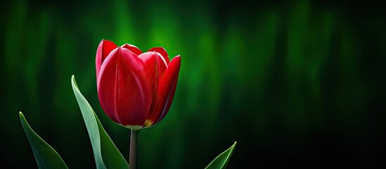 Obraz premium Beautifully lit the close up image captures the vibrant red tulip head against a luscious dark green background creating an eye catching copy space image