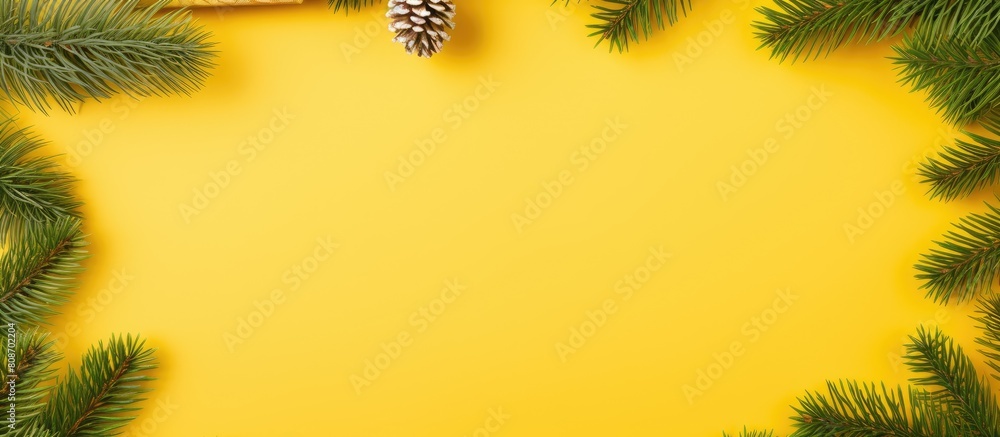 Poster top view of a new year frame on a yellow background with a mockup of fir branches and a present box 