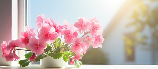 Obraz premium A vibrant pink geranium sits atop a windowsill basking in the warm rays of a bright and sunny day creating an inviting copy space image