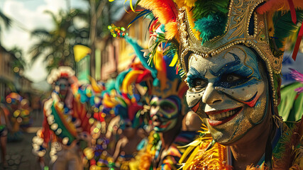 close up of a carnival mask, close up of a carnival scene in the brazil, face with carnival mask,...