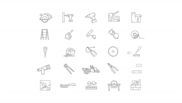 Animated construction related icons. Power and hand tools line animation library. Home improvement. Black illustrations on white background. HD video with alpha channel. Motion graphic